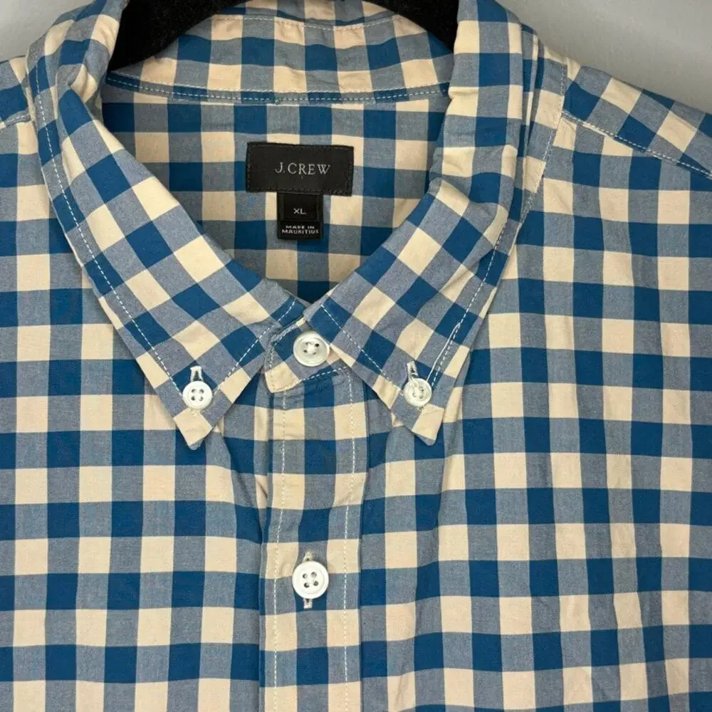 J.Crew Blue Tan Gingham Plaid Cotton Button-Up Casual Dress Shirt‎ Mens Sz XL